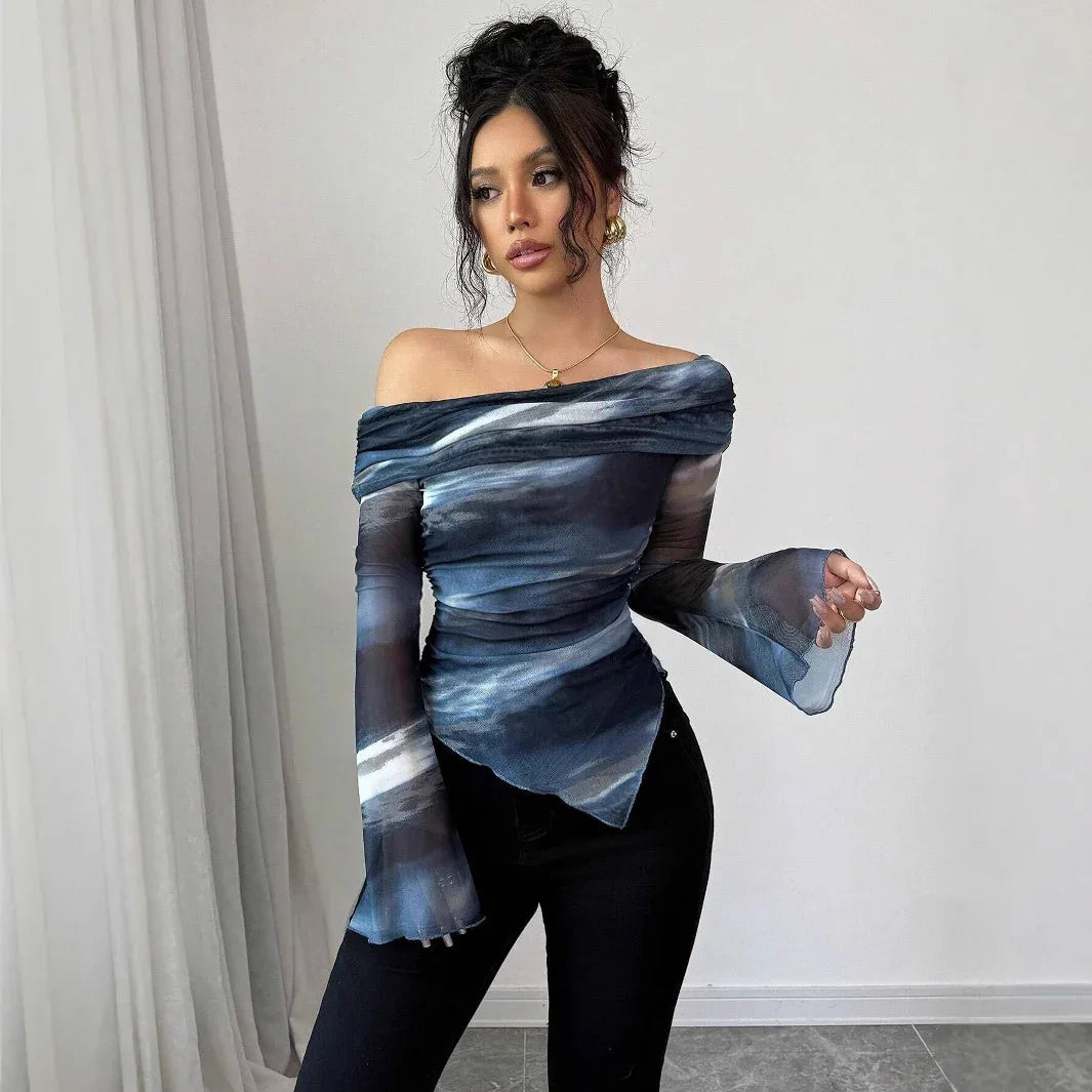 Knitted Mesh Printed Off-shoulder Collar Long Sleeved Fitted T-shirt - Gizmo Galaxy