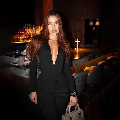 New Women's Fashion Sexy Deep V Long Sleeve Slim Fit Flared Jumpsuit - Gizmo Galaxy