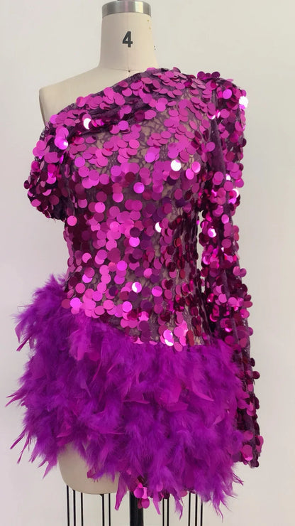 Purple Sequined Feather Skirt One-shoulder Sleeve Short Dress Luxury Party Stage Performance Dress - Gizmo Galaxy