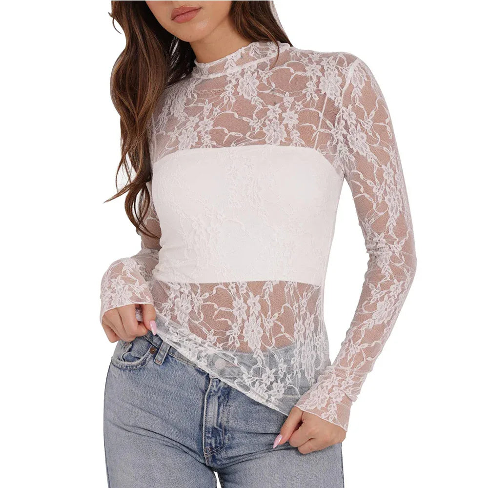 Women's Semi High Neck Sheer Long Sleeve TShirt Sexy Y2K Mesh Top - Gizmo Galaxy