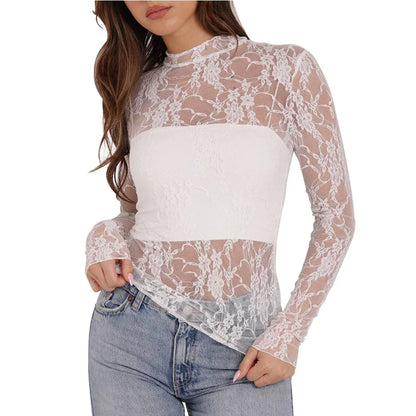 Women's Semi High Neck Sheer Long Sleeve TShirt Sexy Y2K Mesh Top - Gizmo Galaxy