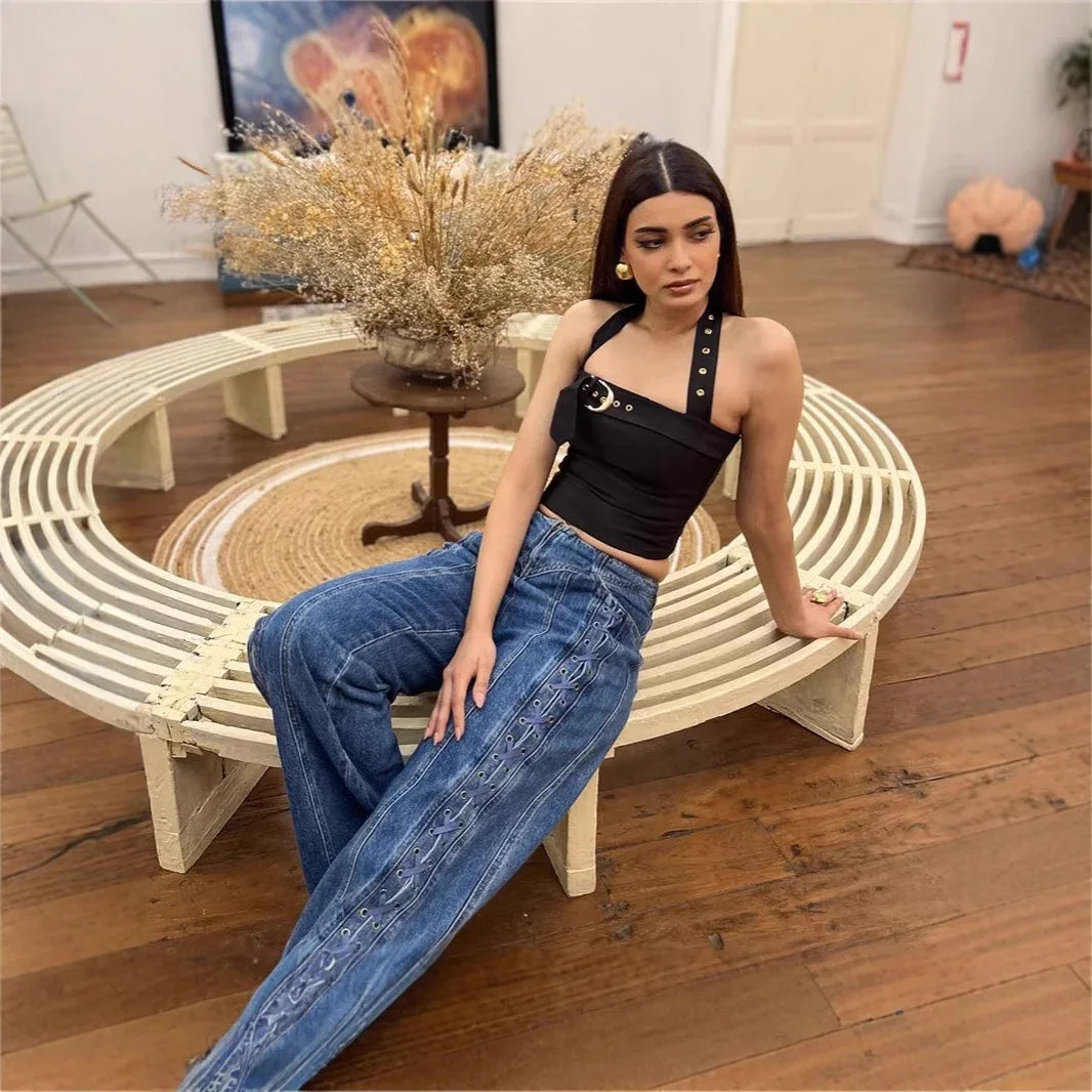 New Low Waist Hollow Lace-up Wide-leg Jeans For Women - Gizmo Galaxy