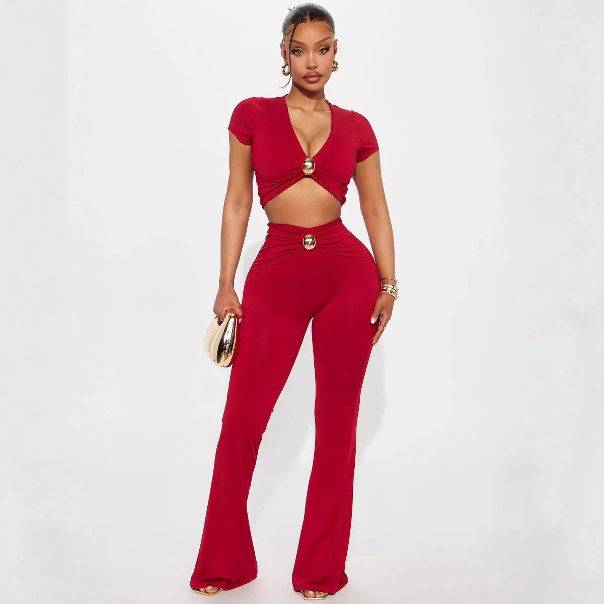 Low-cut V-neck Short-sleeved T-shirt Top With Hardware Waist-length Bodycon Trousers Set - Gizmo Galaxy