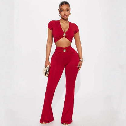 Low-cut V-neck Short-sleeved T-shirt Top With Hardware Waist-length Bodycon Trousers Set - Gizmo Galaxy