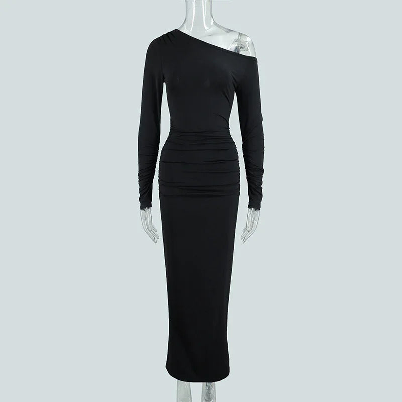Women's OffshoulderLong-sleeve Figurehugging Pleated Maxi Dress - Gizmo Galaxy