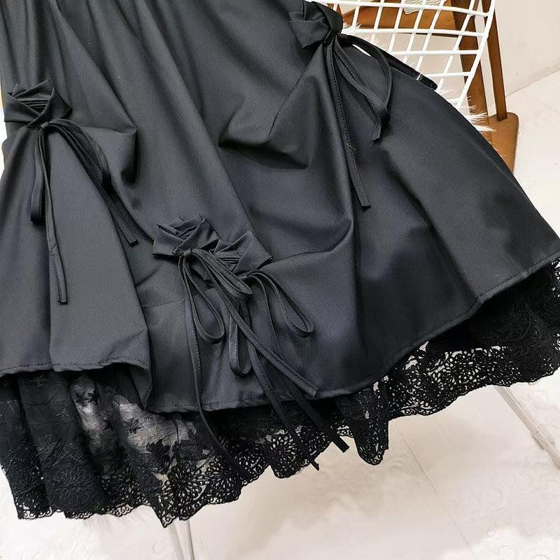High-waisted Bow Heavy Work Spliced Lace A-line Midi Skirt - Gizmo Galaxy