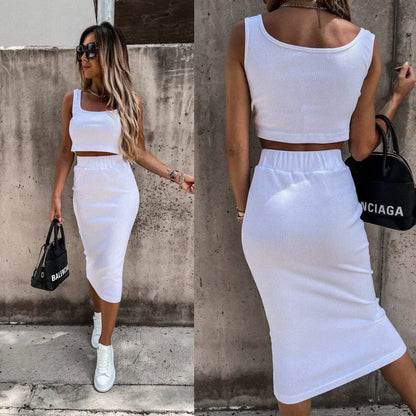 Women's Solid-Colored Tank Top And Skirt Set Loose-Fit Casual Style - Gizmo Galaxy