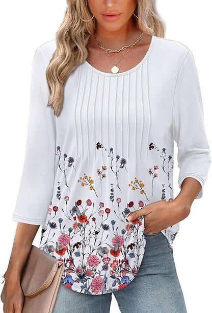 New Women's Long Sleeved Top, Fashionable And Casual Pleated Low Round Neck Women's T-shirt - Gizmo Galaxy
