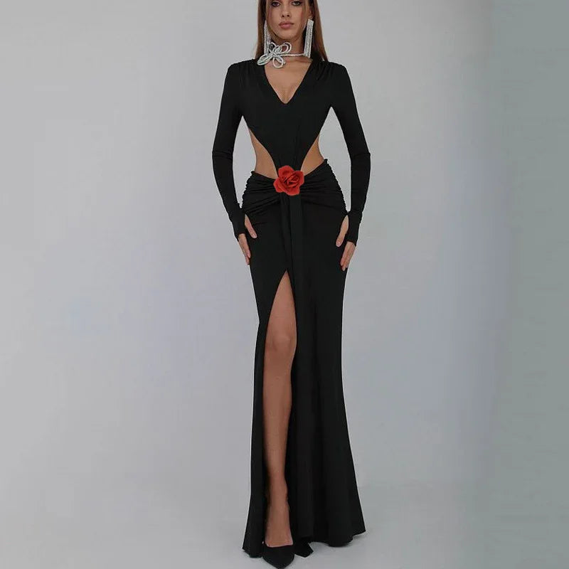 Sexy V-neck Backless Long Sleeves Skirt Waist Decorative Flower Split Fishtail Gown Dress Long - Gizmo Galaxy