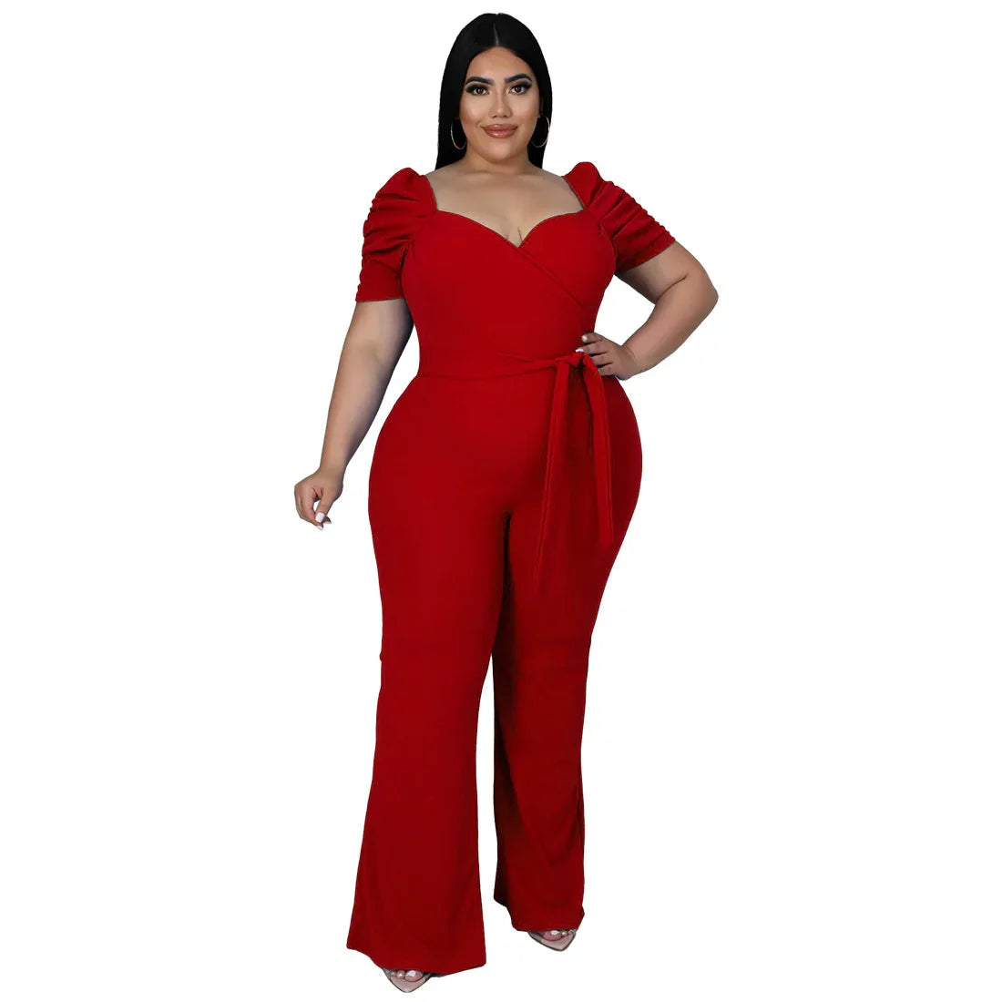 Women's Plus-Size Stand Collar Ruffle Sleeve High-Waist Jumpsuit Wide-Leg Pants - Gizmo Galaxy