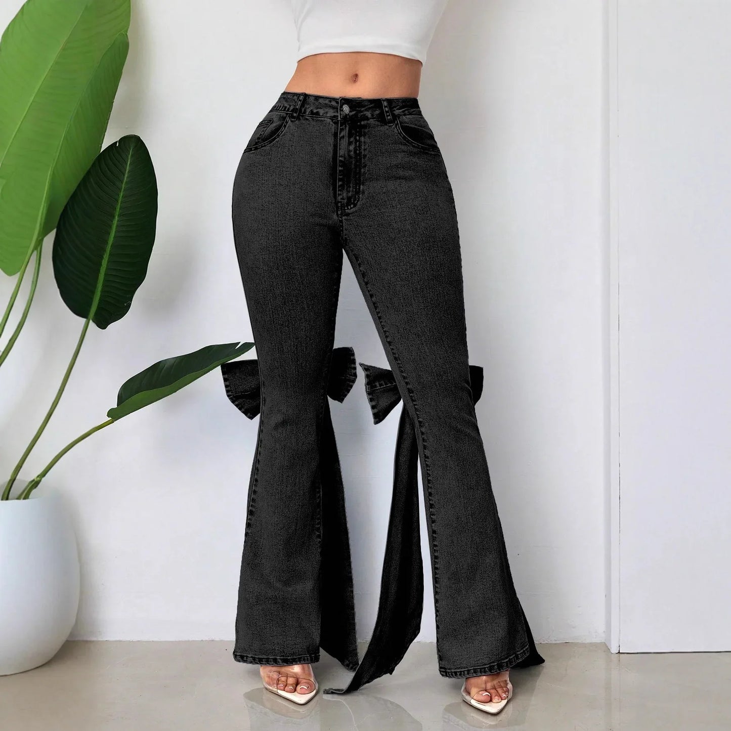 European And American Retro Three-dimensional Bow Slim-fit Mid-stretch Mop Horn Denim Trousers - Gizmo Galaxy