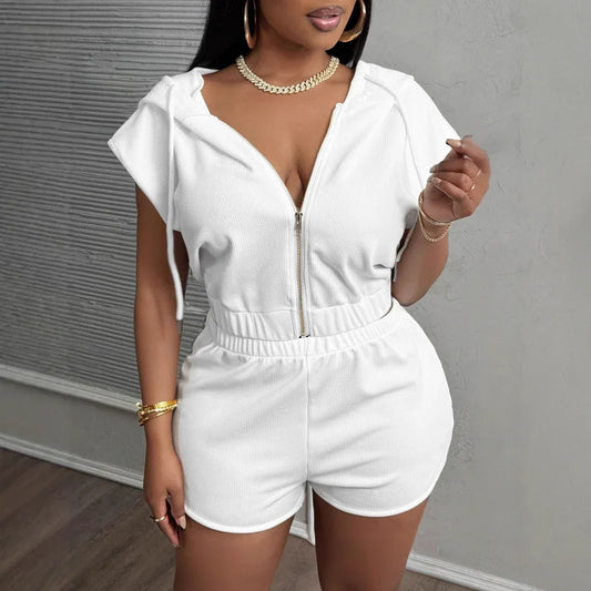Fashionable Solid-Color Zip-Up Hooded Short-Sleeve Shorts Set - Gizmo Galaxy