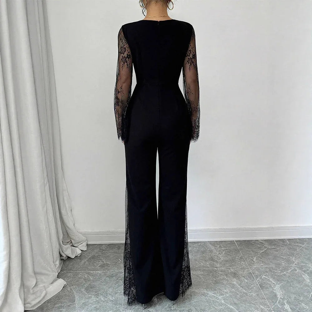 Lace-embellished Long-sleeve Crew-neck Bodycon Jumpsuit With A Cinched Waist And Hip-lifting Design - Gizmo Galaxy