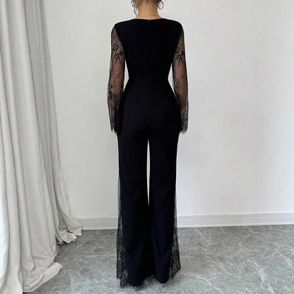 Lace-embellished Long-sleeve Crew-neck Bodycon Jumpsuit With A Cinched Waist And Hip-lifting Design - Gizmo Galaxy
