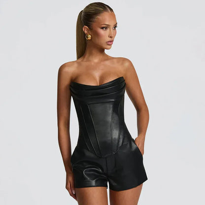 Women's PU Leather Fishbone-Strap Corset Sleeveless Top - Gizmo Galaxy