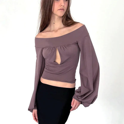 European And American-style Off-neck Lantern Sleeve Hollow-out Top For Women - Gizmo Galaxy