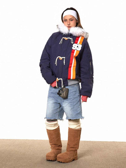 Horn Button Ribbon Short Fur Collar Cotton Coat - Gizmo Galaxy