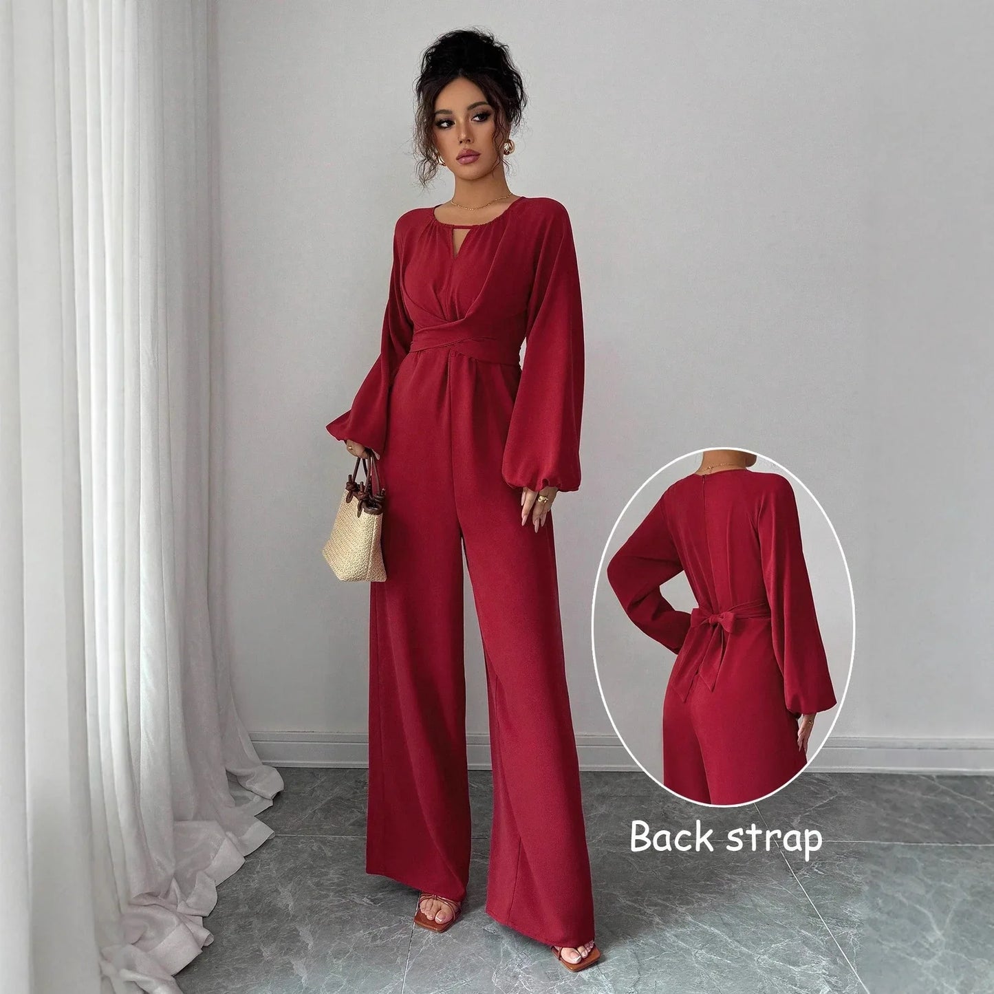 Women's Solid-Colored Jumpsuit With Puffed Sleeves, Square Neck And Wide Legs - Gizmo Galaxy
