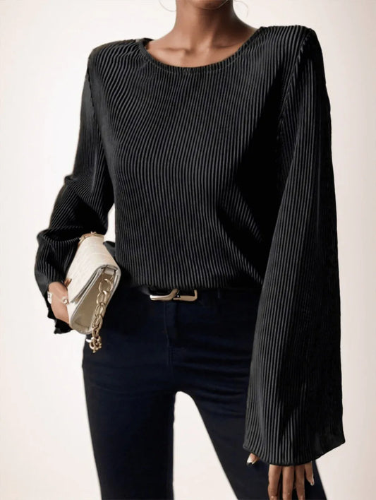Women's Spring Summer Solid Color Round Neck Loose Fit Bell Sleeve Casual T-Shirt - Gizmo Galaxy