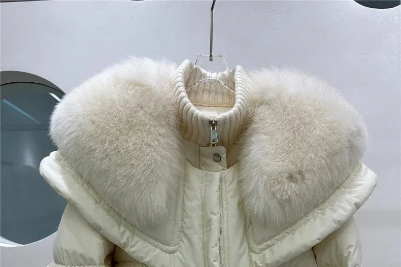 High-end Fox Fur Collar White Duck Down Short Down Jacket Female Light Luxury Loose And Warm Puffer Jacket Coat - Gizmo Galaxy