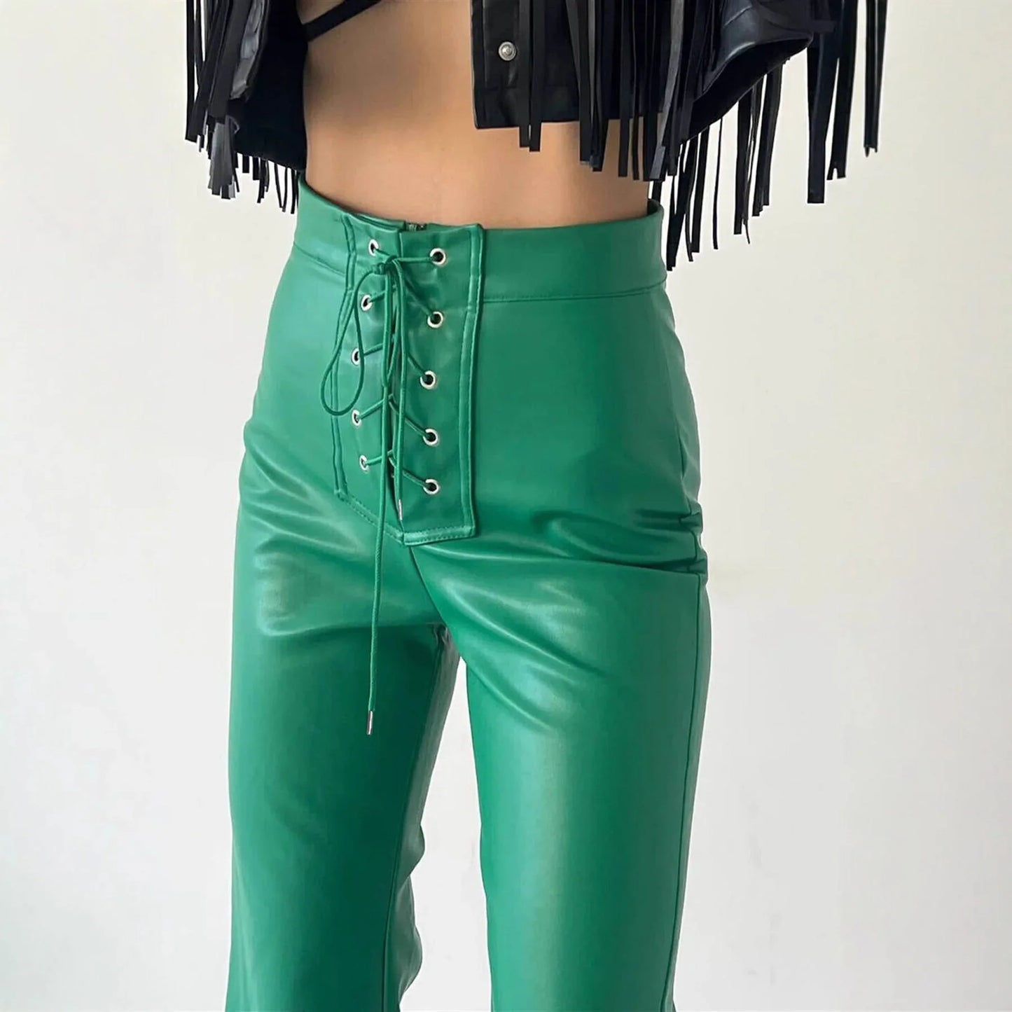 Women's Leather High Waist Stretch Metal Hole Lace-up Pants - Gizmo Galaxy