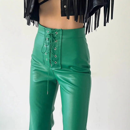 Women's Leather High Waist Stretch Metal Hole Lace-up Pants - Gizmo Galaxy