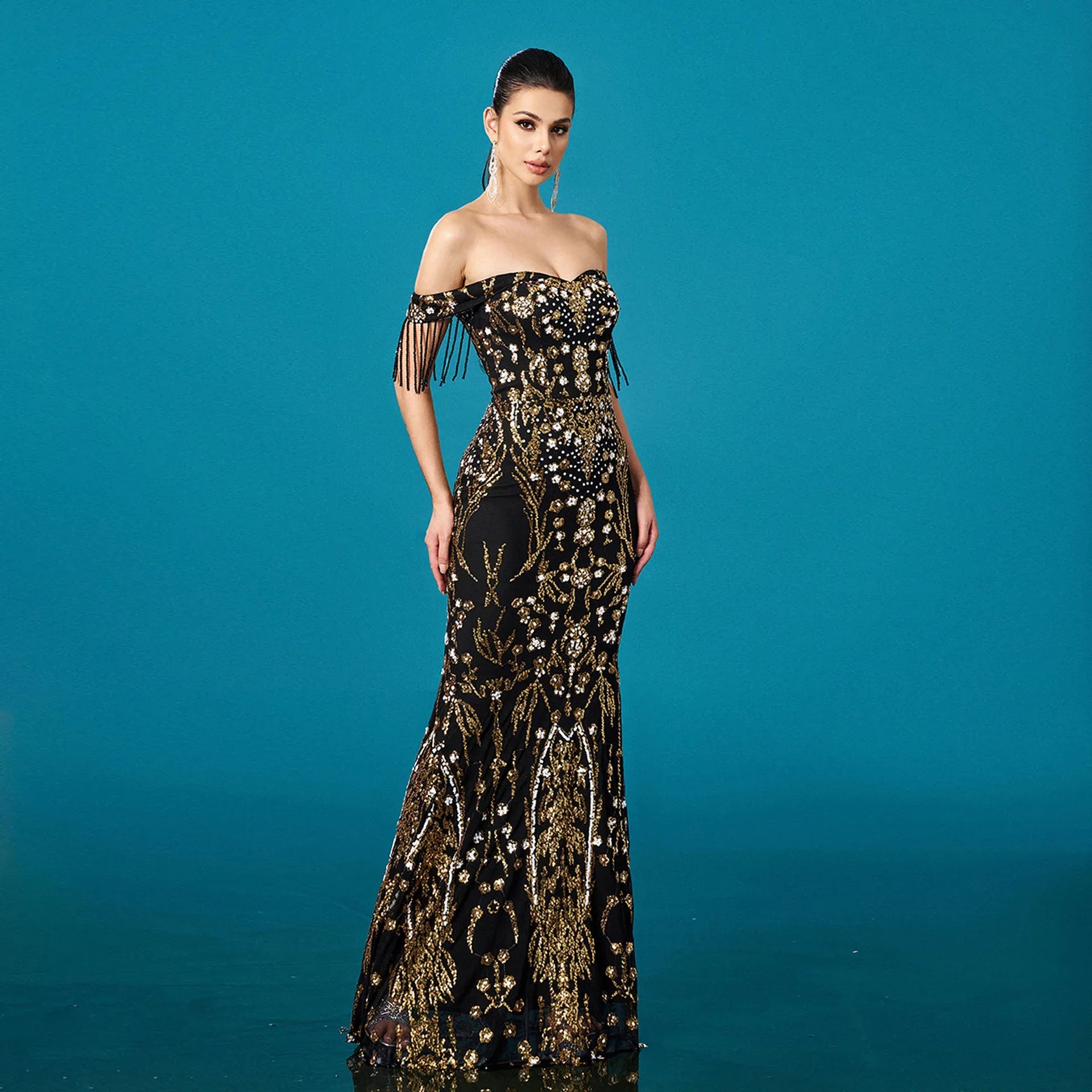 Off-neck Tassel Sequined Fishtail Evening Dress For Banquet - Gizmo Galaxy
