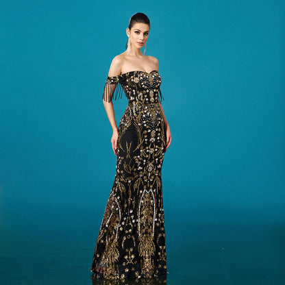 Off-neck Tassel Sequined Fishtail Evening Dress For Banquet - Gizmo Galaxy