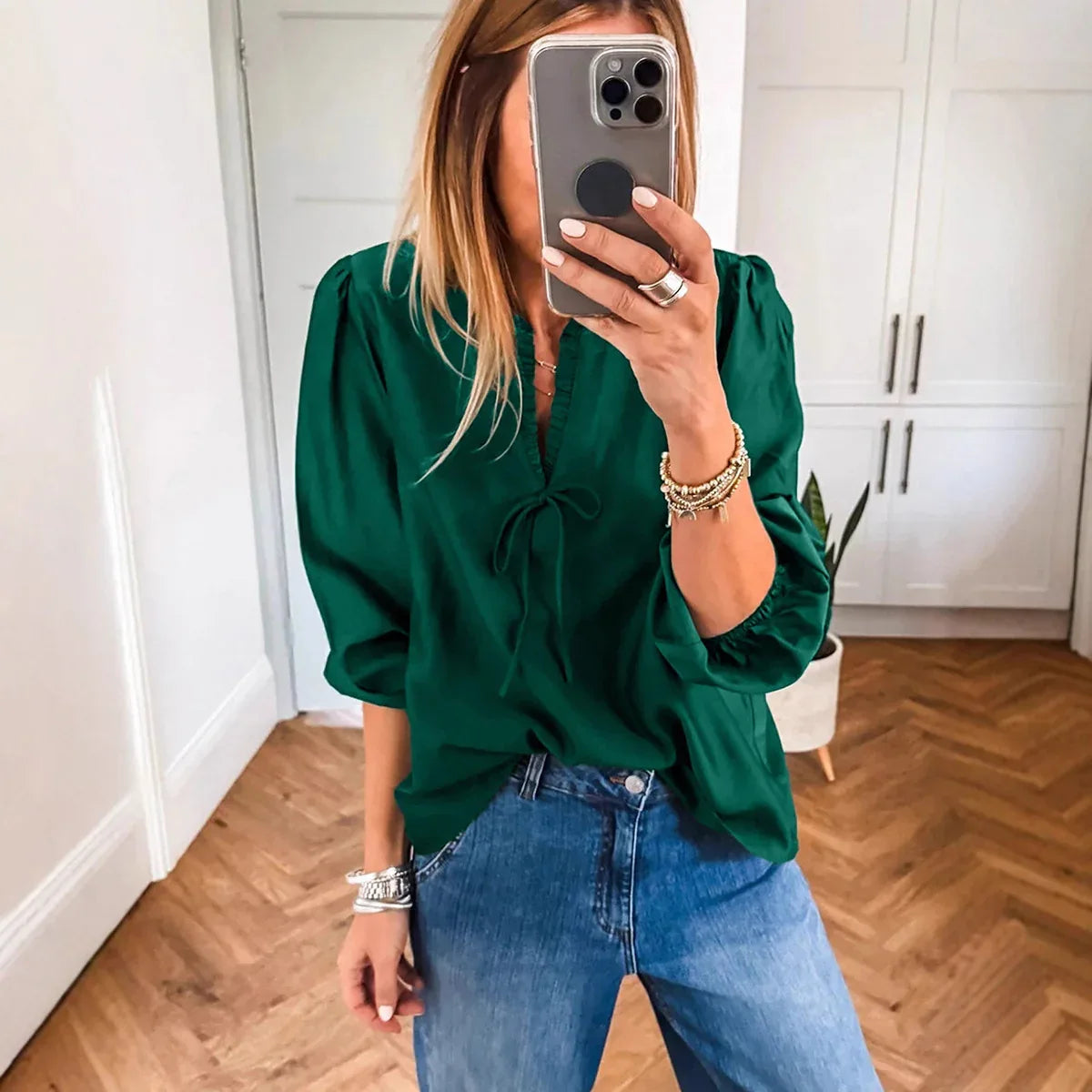 Women's Solid-color V-neck Long-sleeve Chiffon Blouse With Bow Tie Straps - Gizmo Galaxy