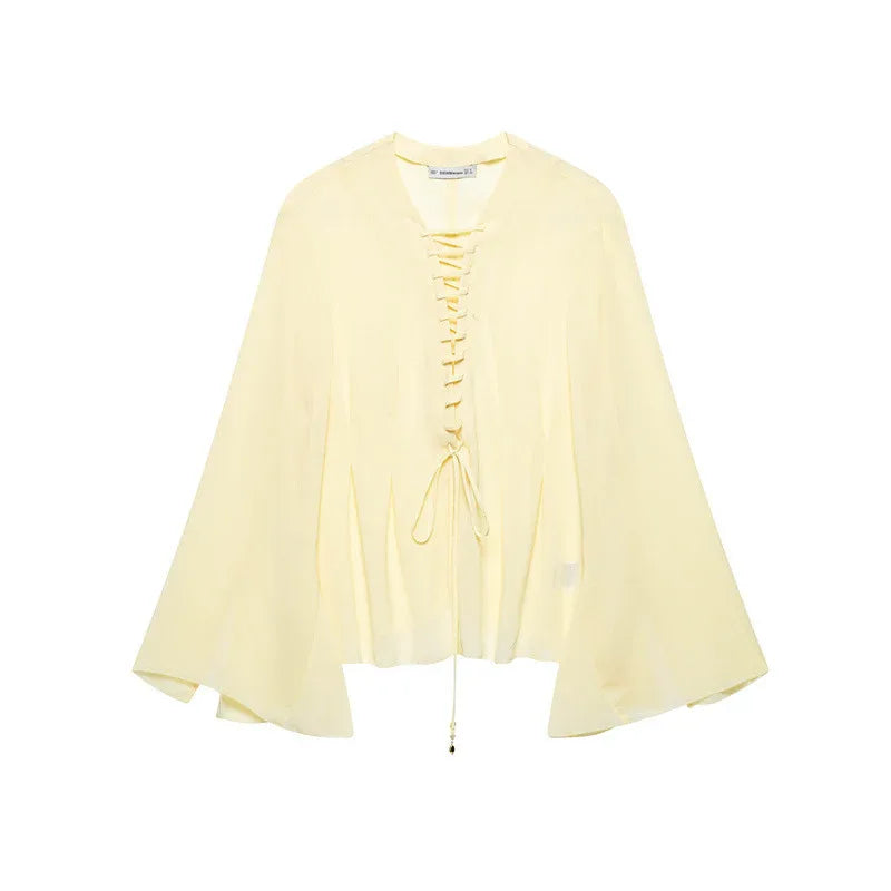 Solid Color Wide Sleeve Lace-up Decorative Chiffon Top - Gizmo Galaxy