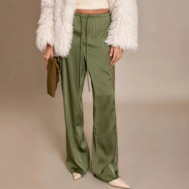 Fashionable Solid Color Sexy Satin Lace Loose Floor Length Pants - Gizmo Galaxy