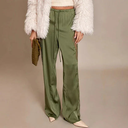 Fashionable Solid Color Sexy Satin Lace Loose Floor Length Pants - Gizmo Galaxy