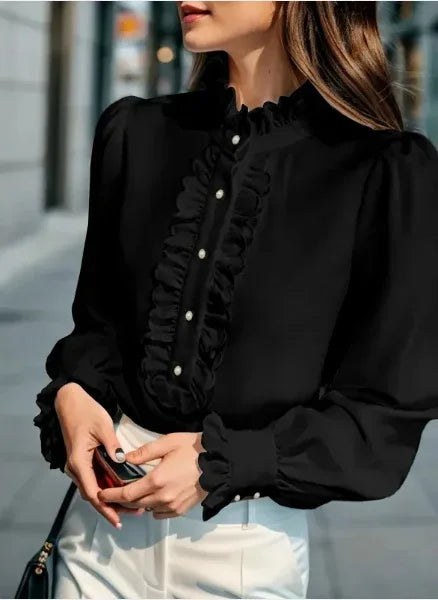 Fashionable Stand-up Collar Long-sleeved Shirt With Lotus Leaf Hem - Gizmo Galaxy