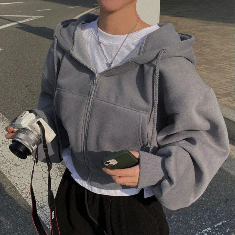 Velvet Padded All-matching Short Slim-fit Zipper Warm Navy Blue Hooded Sweater - Gizmo Galaxy