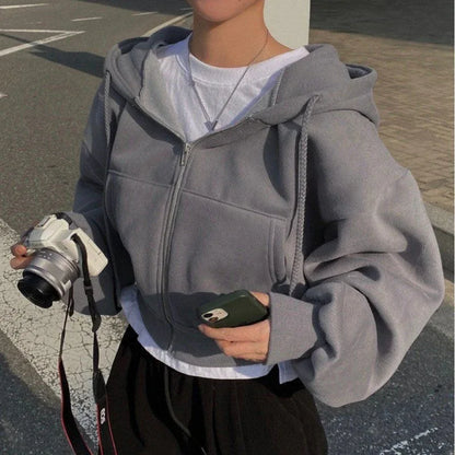 Velvet Padded All-matching Short Slim-fit Zipper Warm Navy Blue Hooded Sweater - Gizmo Galaxy