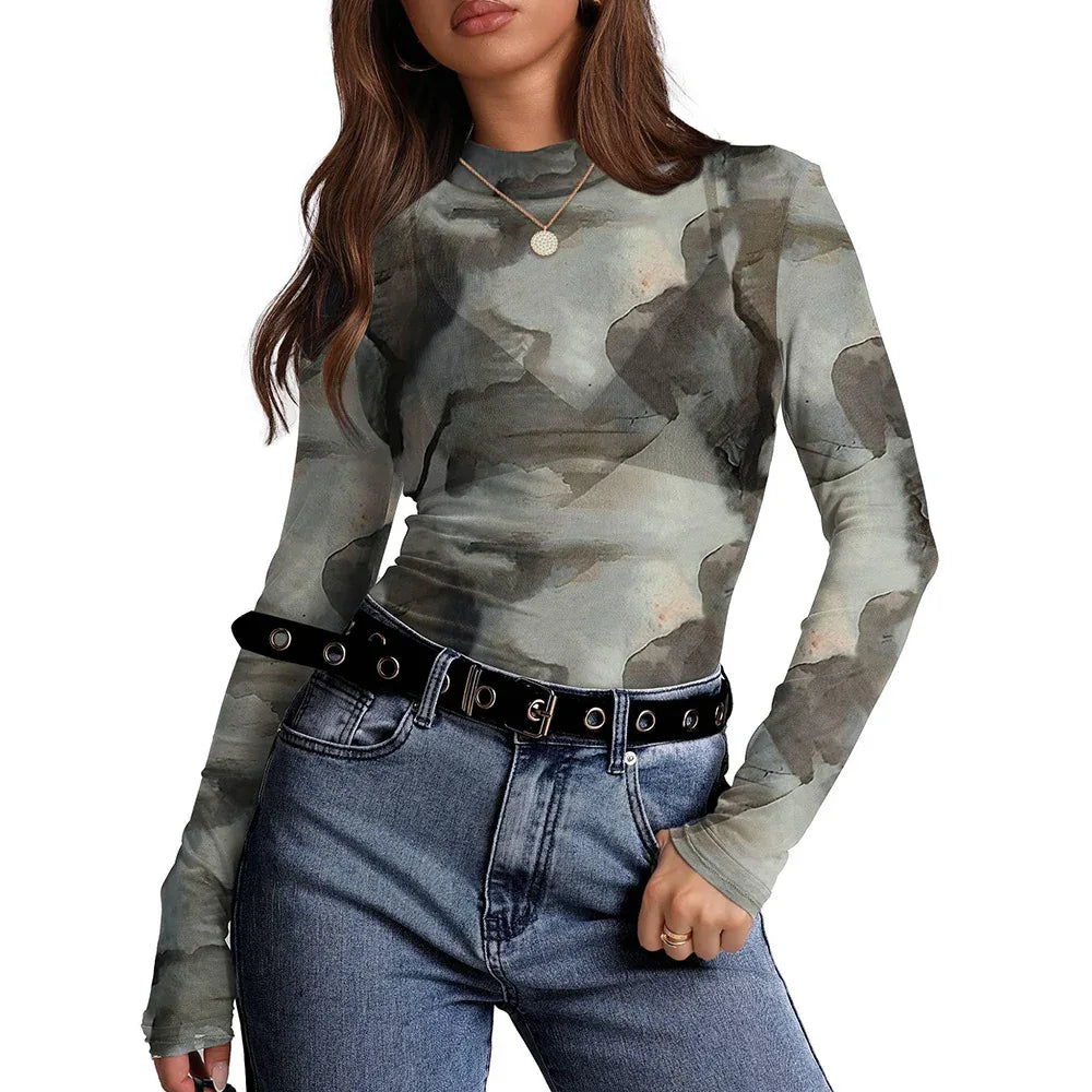 Women's Semi High Neck Sheer Long Sleeve TShirt Sexy Y2K Mesh Top - Gizmo Galaxy