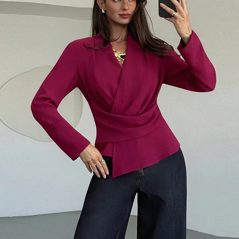 French Style Solid Color Long Sleeve Shirt Waist Slimming - Gizmo Galaxy