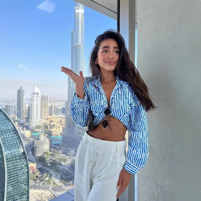 Women's Turn-down Collar Striped Long Sleeve Shirt - Gizmo Galaxy