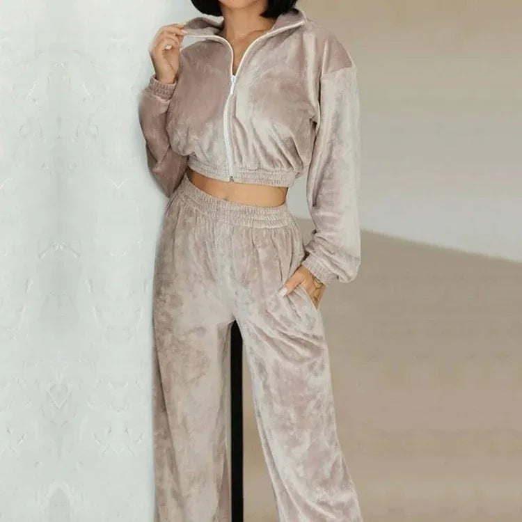 Fashion Women's Long-sleeve Lapel Zip-up Cardigan Hoodie Fleece Sweater Trousers - Gizmo Galaxy