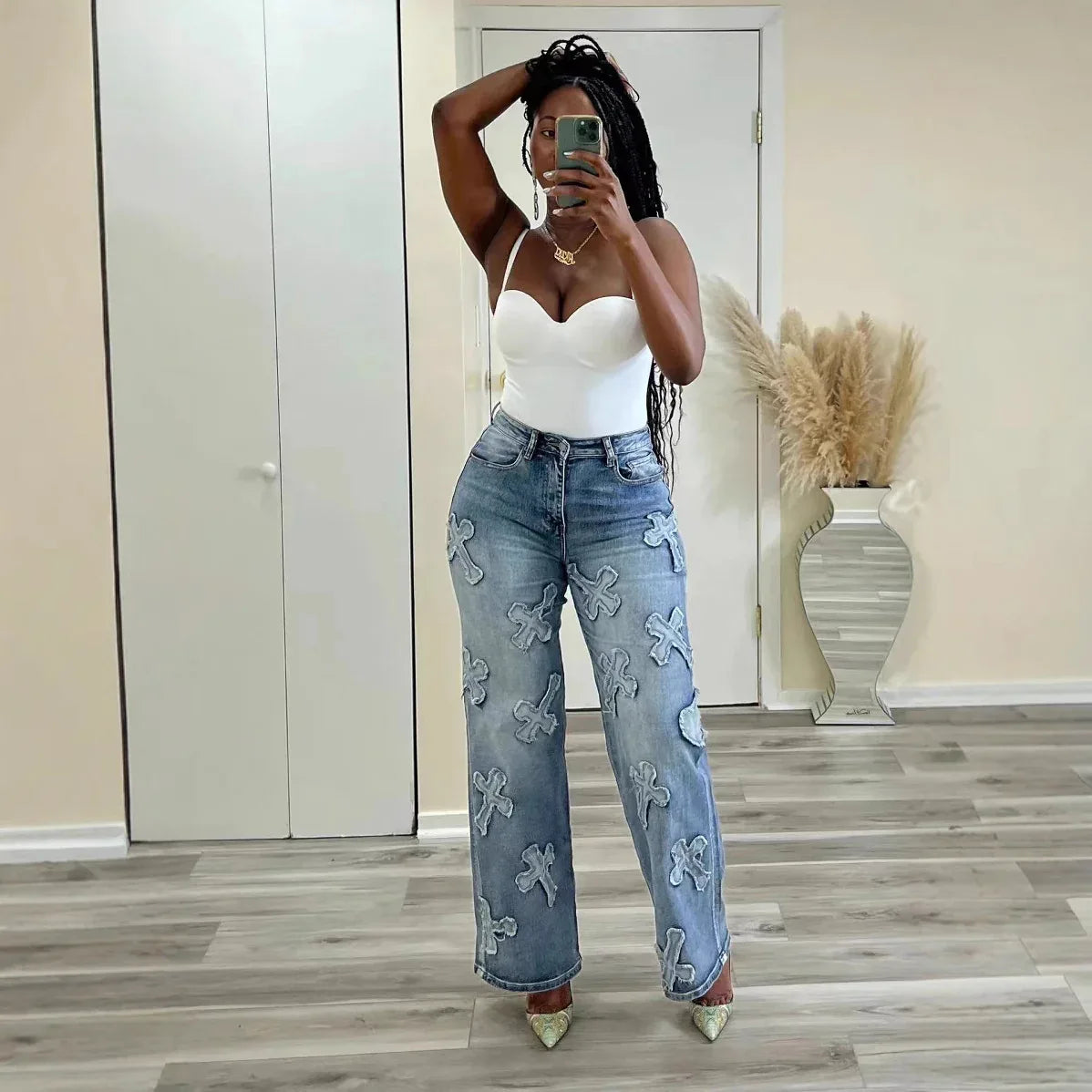 Vintage Washed Denim Fringe Cross Patch Straight Women's Jeans - Gizmo Galaxy