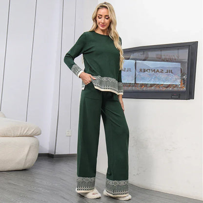 Women's Versatile Crew-neck Jacquard Top And Wide-leg Trousers Set - Gizmo Galaxy