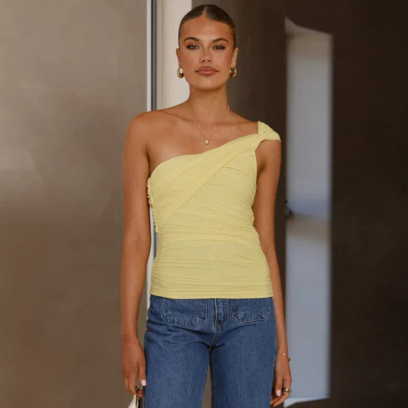 European And American Solid Color Shoulder Tie Mesh Vest T-shirt For Women - Gizmo Galaxy