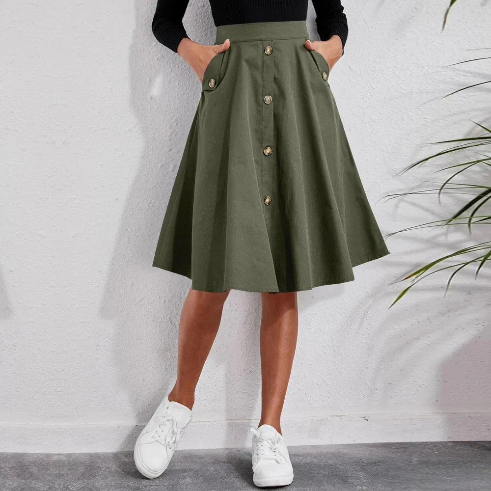 Women's Pocket Button Waist Elegant Midi Skirt - Gizmo Galaxy