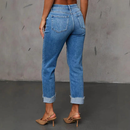 Cuffed Capri Pants, Fashionable Stretchy Whiskered Denim Jeans - Gizmo Galaxy