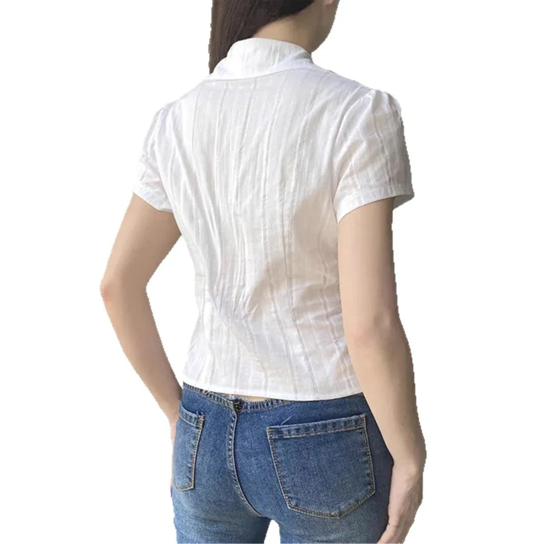 European And American Y2g Hot Girl Style Solid Color Short Sleeve Women's Open Shirt - Gizmo Galaxy