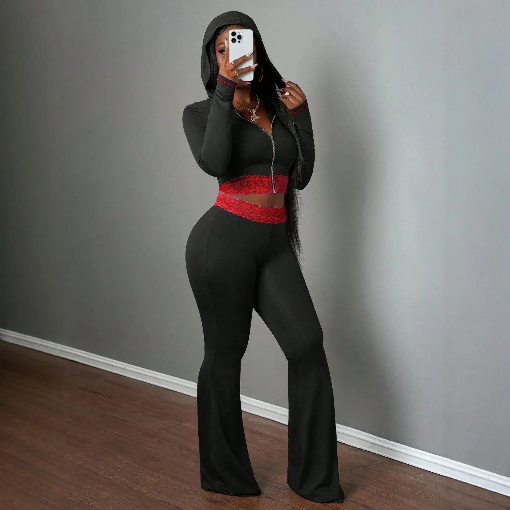 Fashionable Solid-Color Patchwork Lace Casual Jacket And Pants Set - Gizmo Galaxy