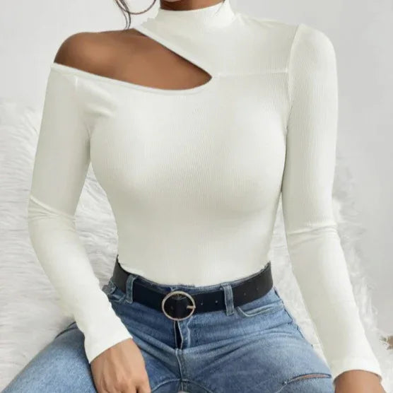 Ladies' Solid Color Elegant High Neck Sloping Shoulder Off The Shoulder Sexy T-shirt Top - Gizmo Galaxy