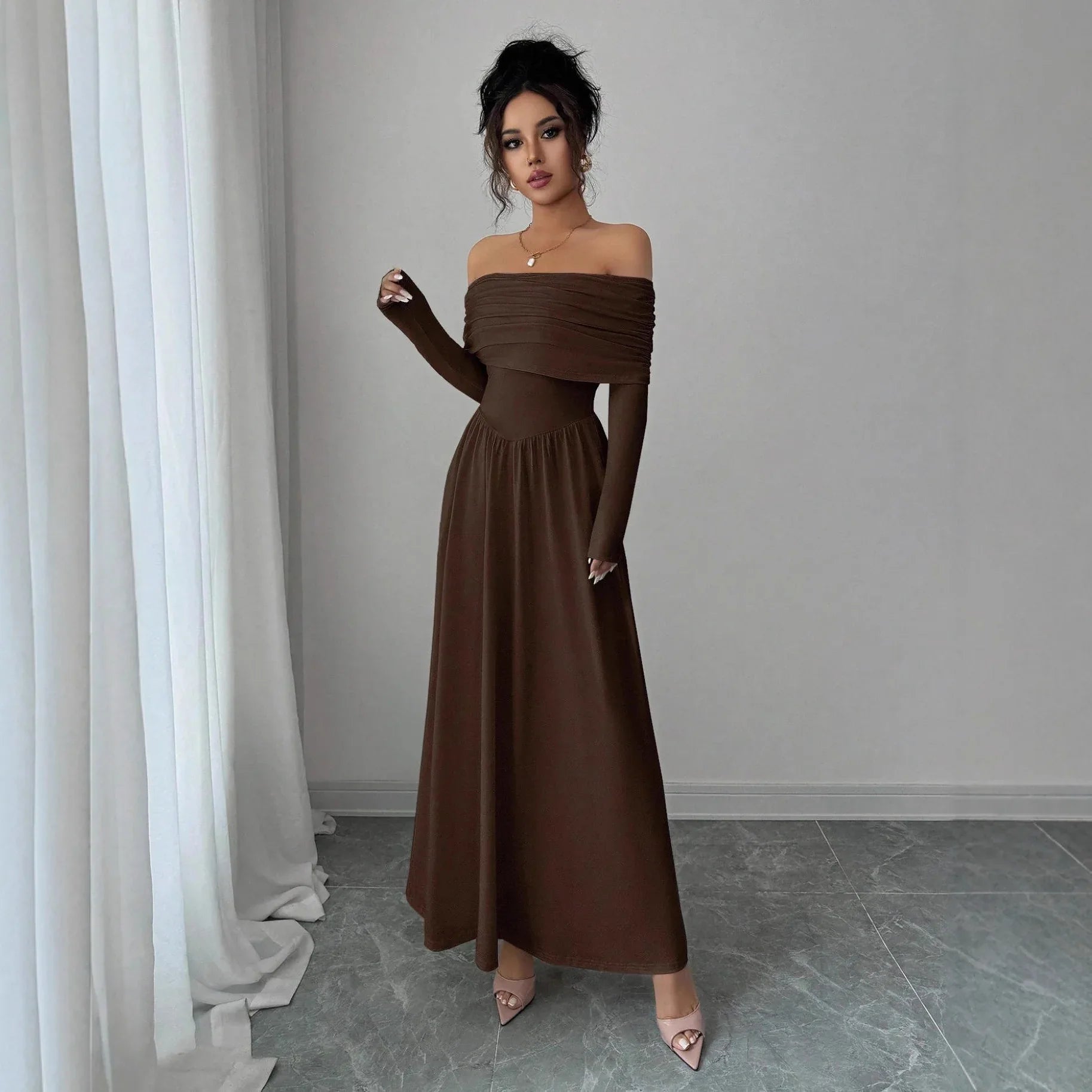 Women's Solid-Color French-Style Off-the-Shoulder Knitted Dress - Gizmo Galaxy