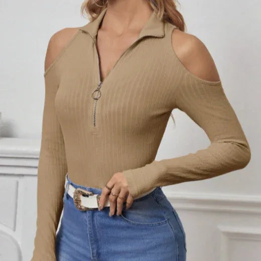 Women's Solid Color Long Sleeved Off Shoulder Zipper Design Slim Fit Home Clothing Top - Gizmo Galaxy