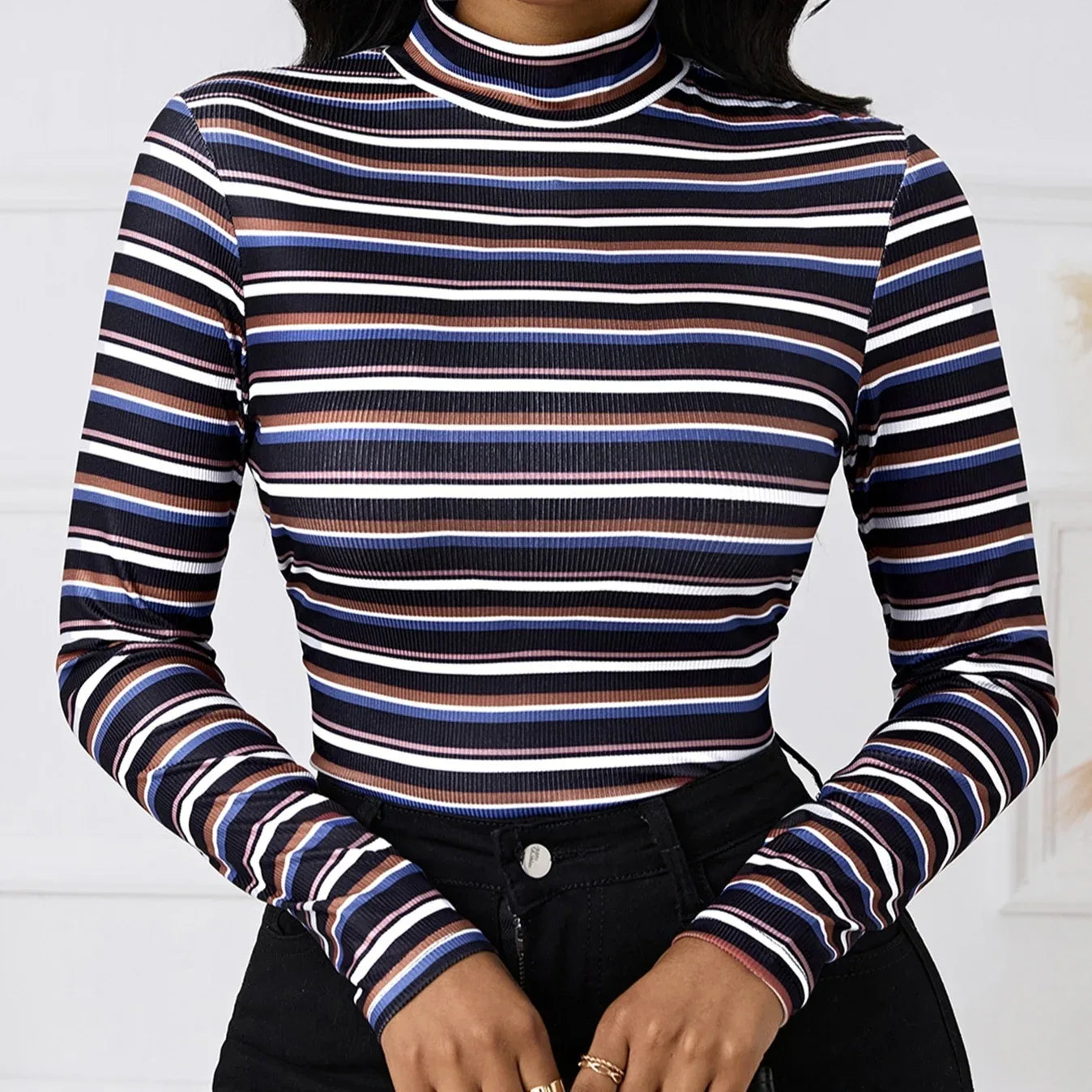 Ladies' Fashionable And Elegant Temperament Versatile Spring Multi-color Splicing Layer Long Sleeved Round Neck T-shirt Top - Gizmo Galaxy